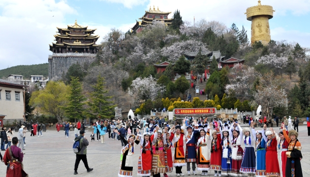 【有一種叫云南的生活?香格里拉的幸福時光】獨克宗古城龜山公園：桃花開游人醉